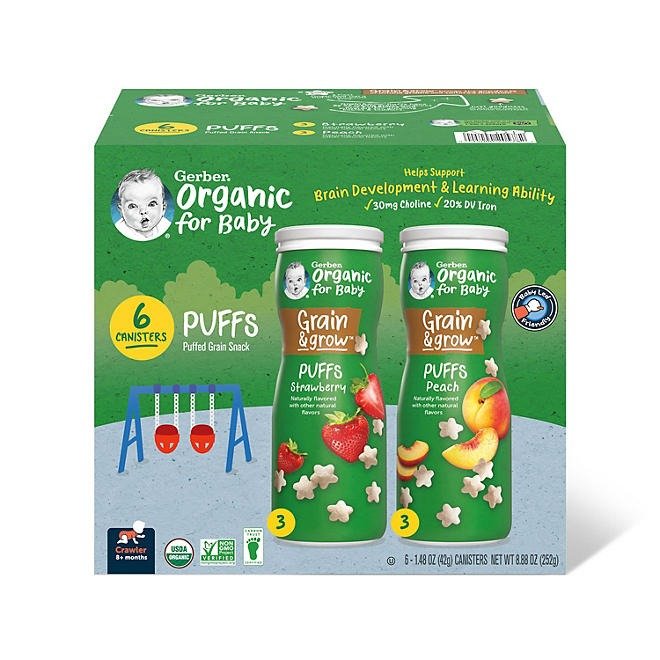 Gerber Organic Grain & Grow Cereal Puffs Variety Pack, Peach and Strawberry, 1.48 oz., 6 pk.