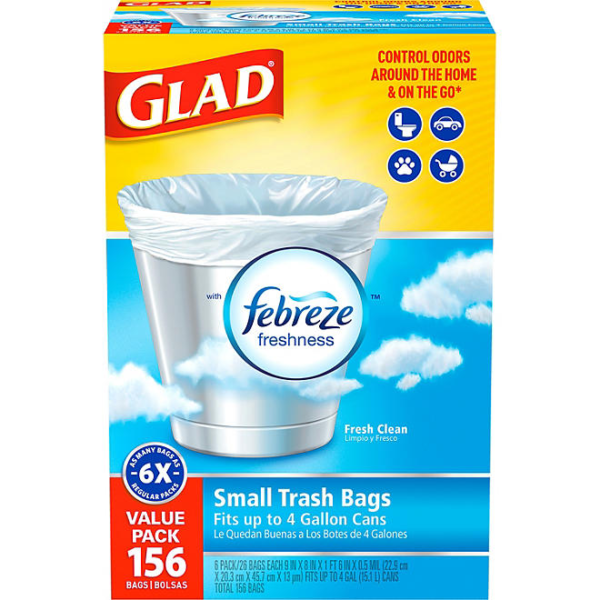 Glad Small Twist-Tie White Trash Bags, Fresh Clean Scent with Febreze Freshness, 4 gal., 156 ct.