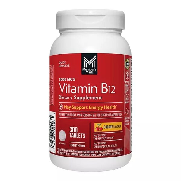 Member’s Mark Vitamin B12 Quick Dissolve Tablets, 5000 mcg, Cherry, 300 ct.