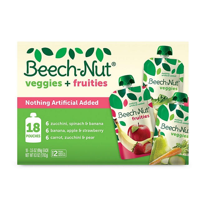 Beech-Nut Veggies and Fruities Stage 2 Baby Food, Variety Pack 3.5 oz. pouch, 18 ct.