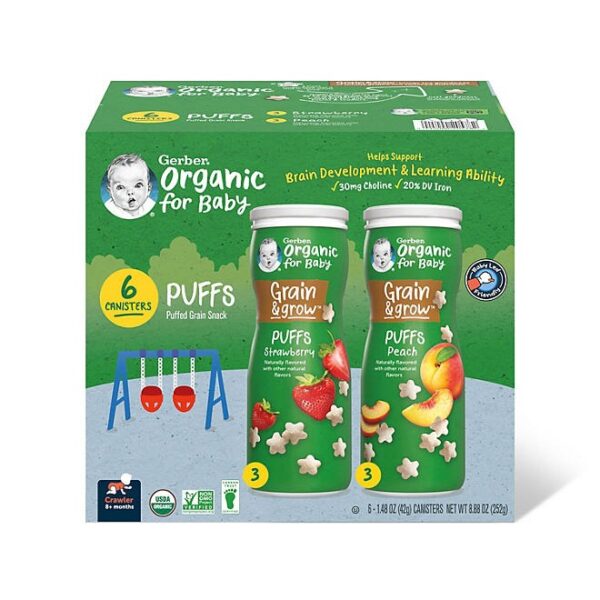 Gerber Organic Grain & Grow Cereal Puffs Variety Pack, Peach and Strawberry, 1.48 oz., 6 pk.