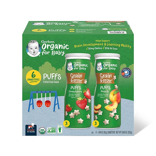Gerber Organic Grain & Grow Cereal Puffs Variety Pack, Peach and Strawberry, 1.48 oz., 6 pk.