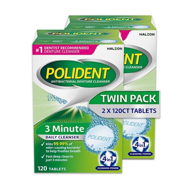 Polident 3-Minute Triple-Mint Antibacterial Denture Cleanser, Effervescent Tablets, 120 ct., 2 pk.
