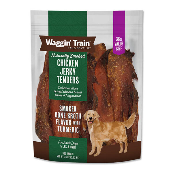 Waggin Train Chicken Jerky Tenders with Bone Broth & Turmeric, High Protein Dog Treats, 36oz