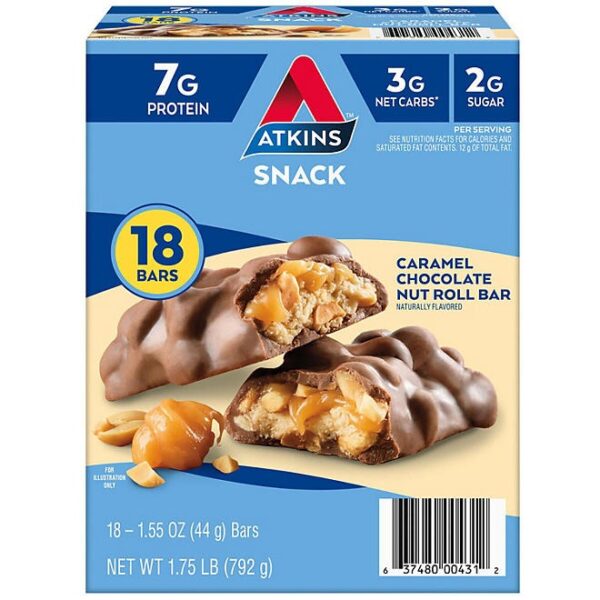 Atkins Anytime Snacks, Snack Bar, Caramel Chocolate Nut Roll, 18 ct.
