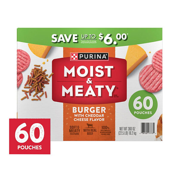Purina Moist & Meaty Burger with Cheddar Cheese Flavor, Adult Dog Food, 6 oz., 60 ct.