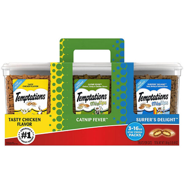 TEMPTATIONS Cat Treats Variety Pack with Tasty Chicken Flavor, Catnip Fever, & Surfers' Delight, 16 oz., 3 tubs